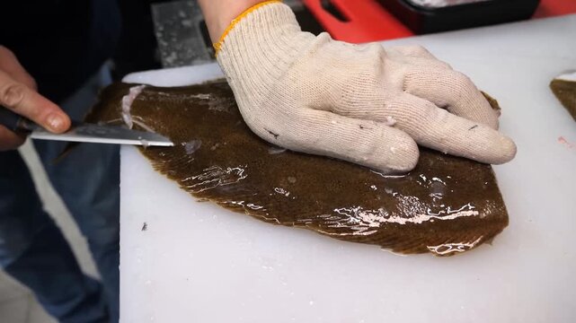 A chef wearing a protective glove carefully prepares a fresh flatfish on a pristine white cutting board next to a kitchen sink, with another filleted fish and more seafood visible in the background.