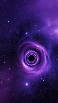 Black hole in a purple nebula pulling stars and dust into its event horizon, representing cosmic phenomena and scientific exploration.