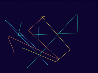 Abstract digital illustration with colorful glowing geometric lines and dots on dark background