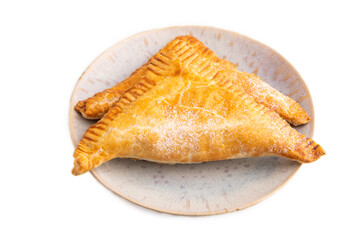 Triangles Pie, Puff Pastry, Samsa with cherry jam isolated on white, side view, close up