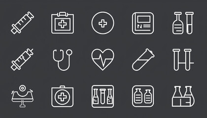 Fototapeta premium medical icon set illustration, healthcare symbols, flat vector style, consistent line thickness, isolated on white background, no text, no logo