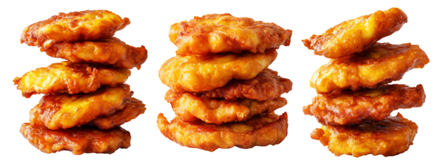 Set of Deep-fried banana fritters either sweet or savory, isolated on white background. Concept of Papua New Guinea cuisine