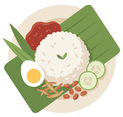 Fatty rice with condiments and pandan leaves