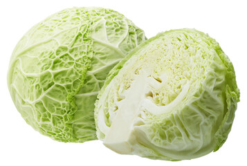 Whole and half green cabbage isolated