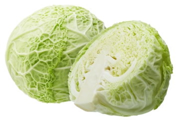 Whole and half green cabbage isolated