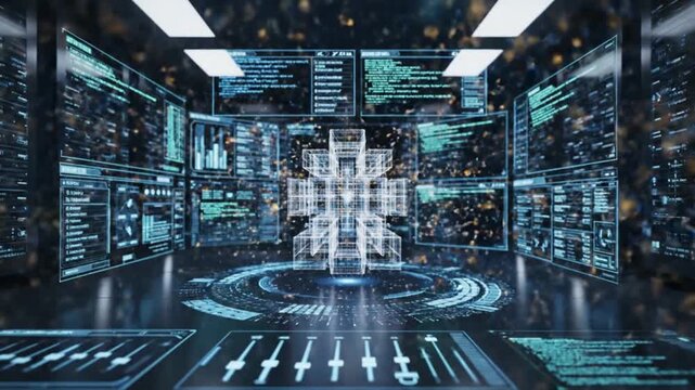 Futuristic Data Center - High-Tech Server Room with Glowing Digital Displays.