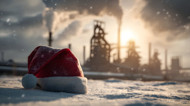 Santa laus hat placed on snowy steel mill site, furnaces in background. Concept of Christmas celebration in the industrial setting and environment.