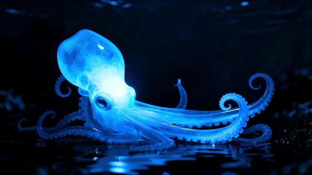 Bioluminescent octopus glowing bright blue underwater creature deep sea marine life cephalopod tentacles dark ocean mysterious aquatic animal ethereal light spectral illumination vibrant neon glow cap