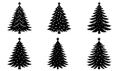 Obraz premium Six Black Christmas Trees with Stars and Dots on White Background silhouette