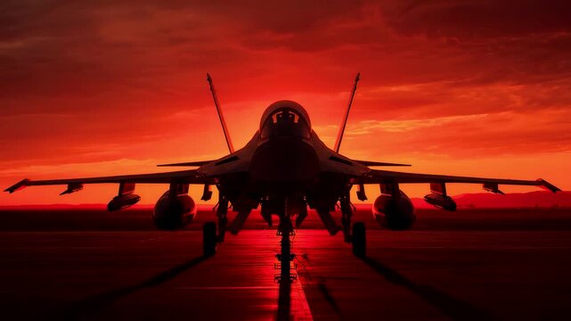 Military Fighter Jet on Runway at Dramatic Red Orange Sunset with Fiery Sky and Silhouette View
