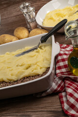 Hachis parmentier, french dish with mashed potato and minced beef. High quality photo