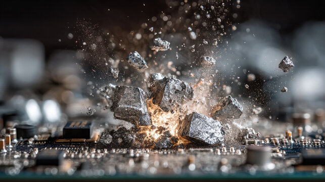 Exploding gallium on a modern circuit board at night