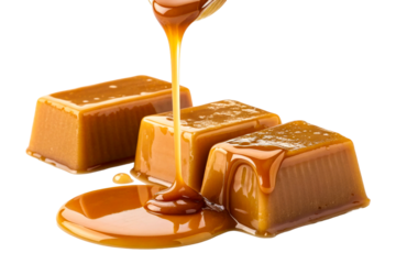 Sweet caramel candies are drizzled with rich liquid caramel, perfect for confectionery promotions and dessert ingredient visuals
