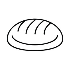 Simple black and white line art icon depicting a happy loaf of bread with a smiling face and score marks