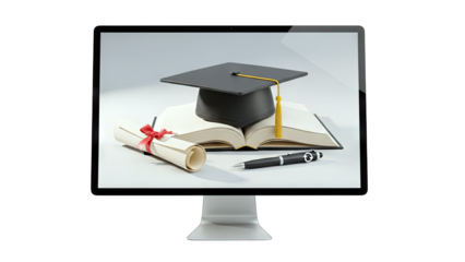 Online Education Concept: Graduation Cap, Diploma, and Book on Monitor