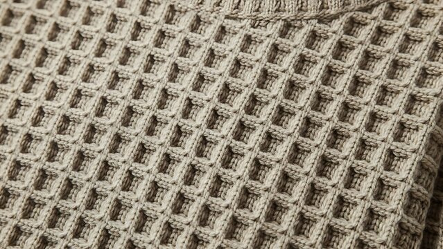 Close-up view of a cozy light brown waffle knit fabric texture, highlighting its intricate pattern