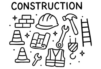 Outline vector illustration featuring various construction equipment, safety gear, and building materials in a playful doodle style — stock vector.