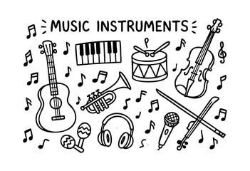 Obraz premium A playful, black and white outline illustration featuring a collection of various musical instruments and notes in a charming hand-drawn style — stock vector.