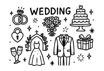 A charming collection of hand-drawn wedding icons, including rings, cake, bouquet, dress, suit, and champagne flutes, perfect for invitations and romantic designs — stock vector.