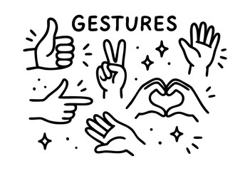 Obraz premium A set of outlined, cartoon-style hand gestures including thumbs up, peace sign, pointing finger, heart hands, and an open palm, with decorative elements, on a white background — stock vector.