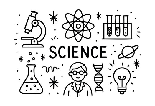 A whimsical hand-drawn illustration featuring essential science elements like a microscope, test tubes, atom, and scientist, centered around the word 'SCIENCE' &mdash; stock vector.