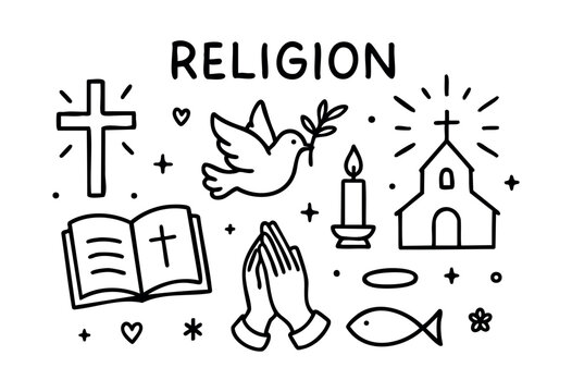A hand-drawn collection of Christian religious symbols and elements including a cross, church, bible, dove, candle, praying hands, and fish, with the word "RELIGION". &mdash; stock vector.