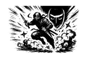 Fototapeta premium A powerful black and white illustration depicting a ninja warrior leaping into action with a sword amidst speed lines, smoke, and throwing stars, with a stylized mask in the background — stock vector.