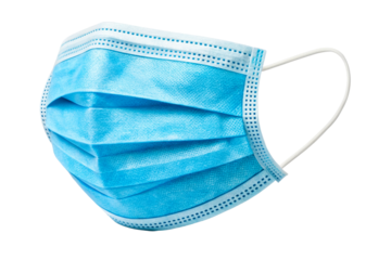 Close up of a blue disposable medical face mask with elastic ear loops, essential personal protective equipment for health and safety during pandemics and everyday use