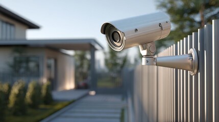 Modern Security Camera Installed on Metal Fence Overlooking Contemporary House with Lush Green Landscaping and Clear Blue Sky in the Background