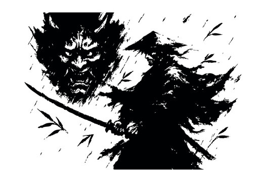 A fierce samurai warrior with a katana stands against the ominous spirit of an oni demon in a striking sumi-e brushstroke style, with falling bamboo leaves &mdash; stock vector.
