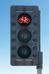 Bike shaped bicycle path red traffic signal intersection crosswalk light.