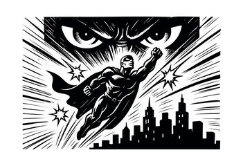 A powerful superhero in mid-flight, silhouetted against a dynamic radial background with intense, watchful eyes above a striking city skyline, rendered in a bold comic book art style — stock vector.