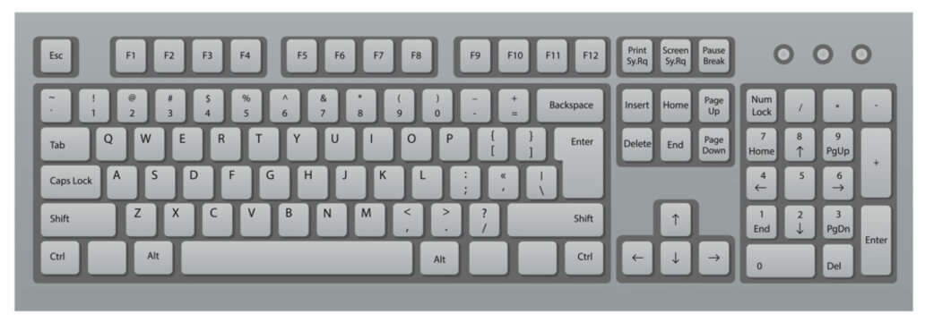 Gray computer keyboard with full key layout and function keys