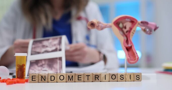 Wooden blocks spell word Endometriosis in front of uterus model on table. Woman gynecologist studies ultrasound images discussing pelvic pain therapy