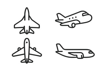 Set of four simple outline icons representing different airplane views