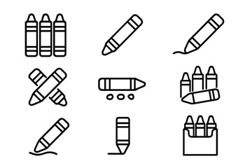 Fototapeta premium Black outline icons of crayons and various drawing tools for art and education