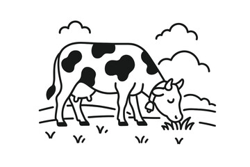 Black and white spotted cow grazing in green pasture under stylized clouds