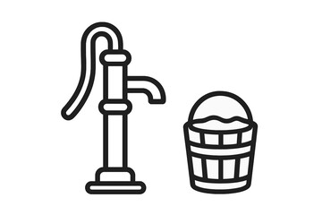 Outline icon of vintage hand water pump with wooden bucket