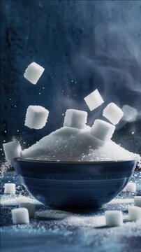 of a bowl filled with sugar cubes on a dark background, surrounded by floating sugar crystals and smoke-like vapor, suggesting sweetness or indulgence.