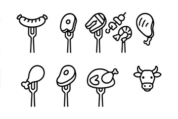 Meat and Poultry Icons on Forks with Bovine Head Symbol