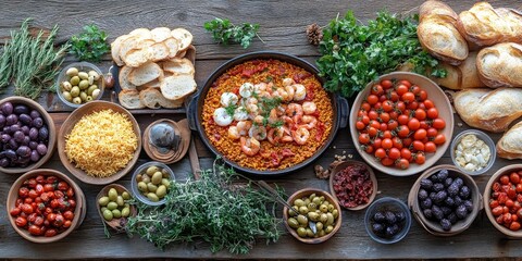 Fototapeta premium Mediterranean cuisine festival featuring paella, bread, olives, and tomatoes