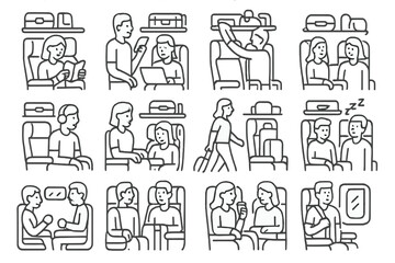 Passenger activities and situations inside modern airplane cabin during travel