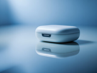 Small sleek futuristic white wireless earbud charging case with led indicator lights resting on reflective surface in minimalist blue environment