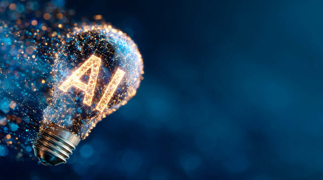 An abstract glowing light bulb with the letters "AI" inside on a blue background, surrounded by digital particles. The concept of artificial intelligence, innovation, technology, and future ideas.
