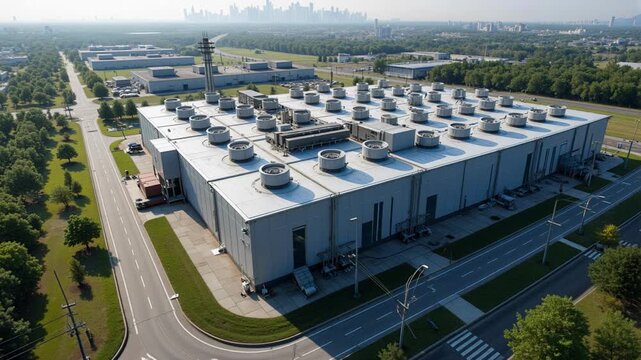 Aerial view of large industrial data center cooling system on city outskirts