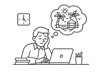Tired worker dreaming of tropical vacation escape from daily routine
