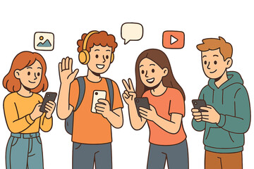 Young friends interacting with smartphones and digital social media icons