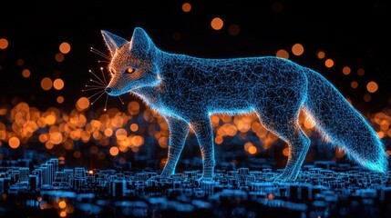 Naklejka premium Digital wolf sculpture blending technology and nature in a futuristic cityscape