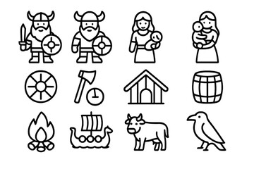 Outline icons of Norse Viking historical figures and cultural elements
