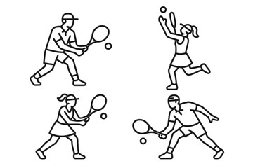 Male and female tennis players in various action poses